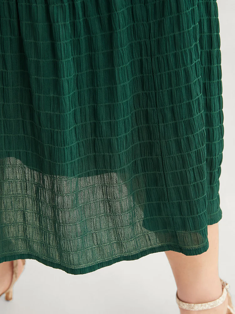 Solid V Neck Lantern Sleeve Pocket Gingham Flutter Dress - Image 9