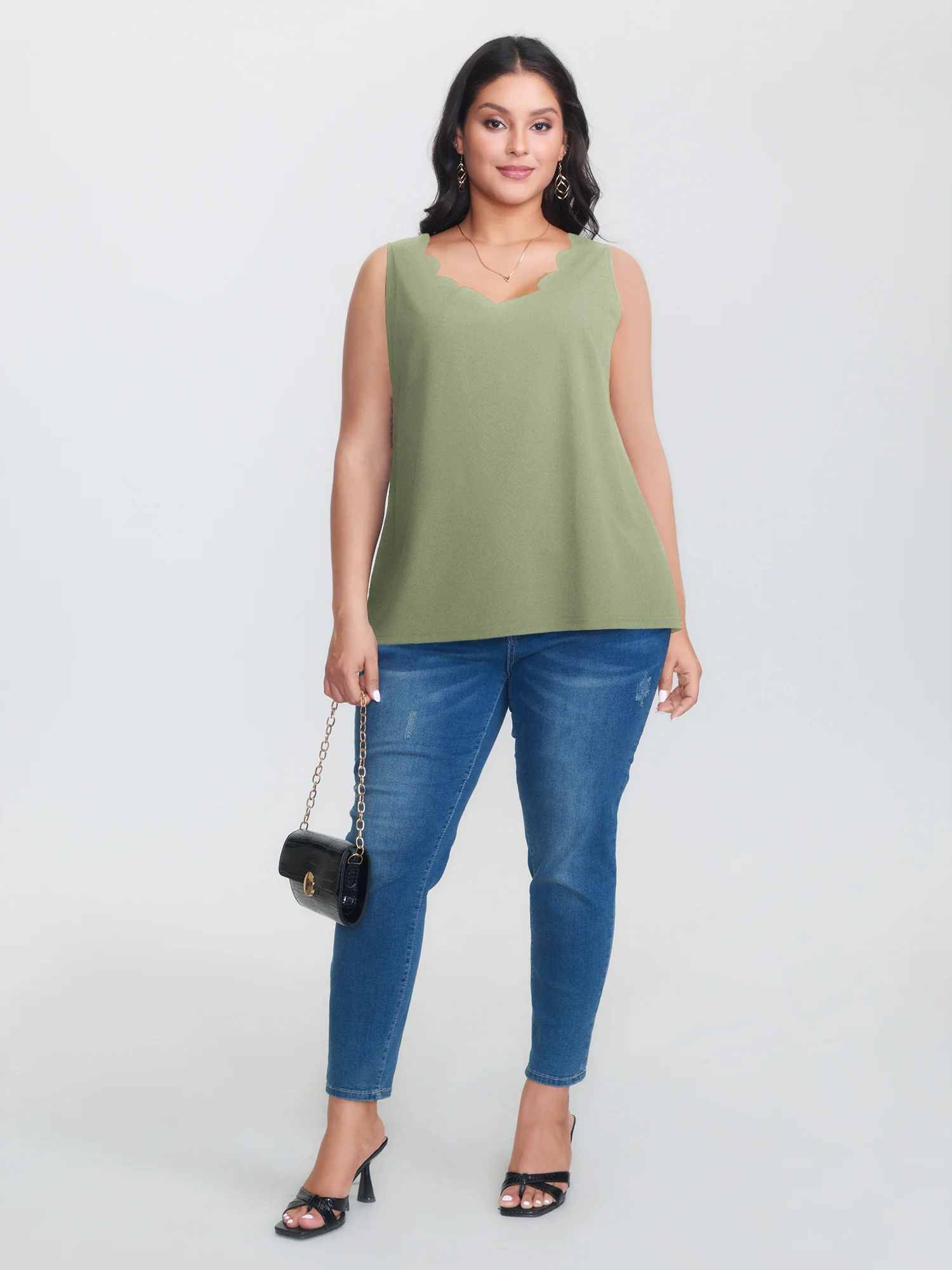 Solid V Neck Laser Cut Tank Top - Image 27