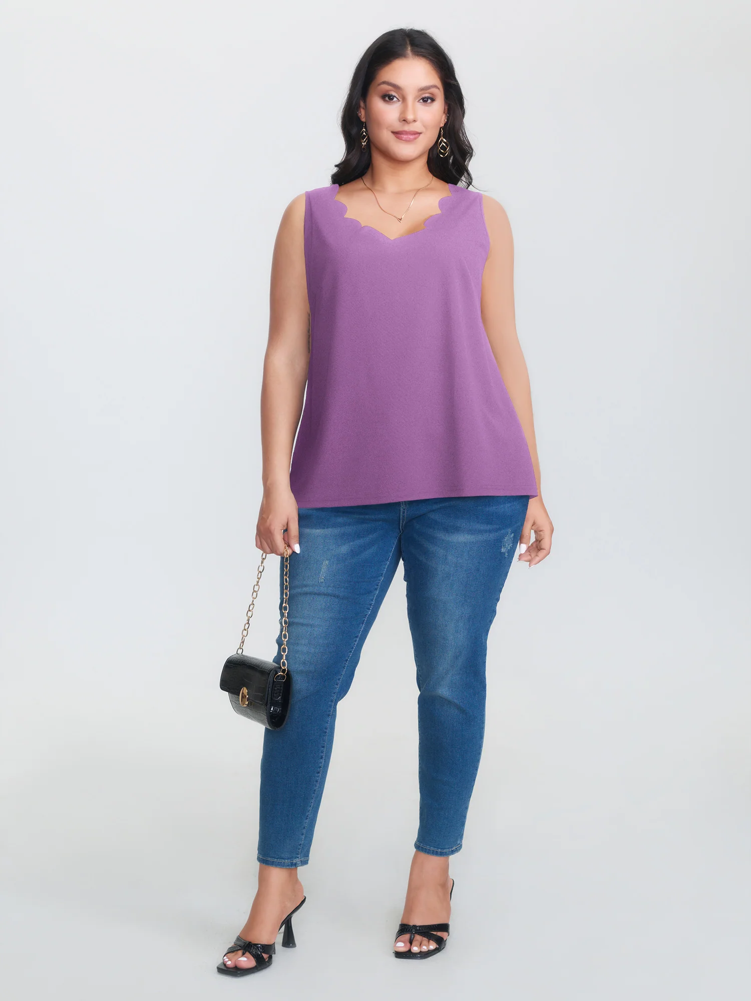 Solid V Neck Laser Cut Tank Top - Image 31