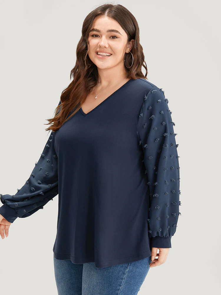 Solid V Neck Patchwork Elastic Cuffs Sweatshirt - Image 3