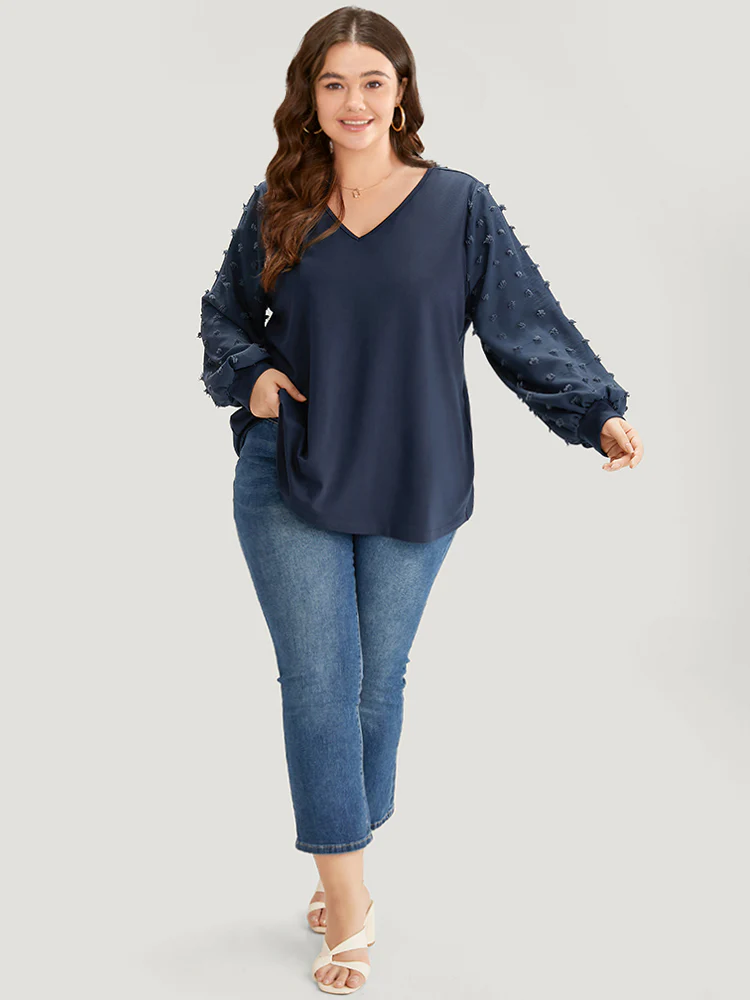 Solid V Neck Patchwork Elastic Cuffs Sweatshirt - Image 4