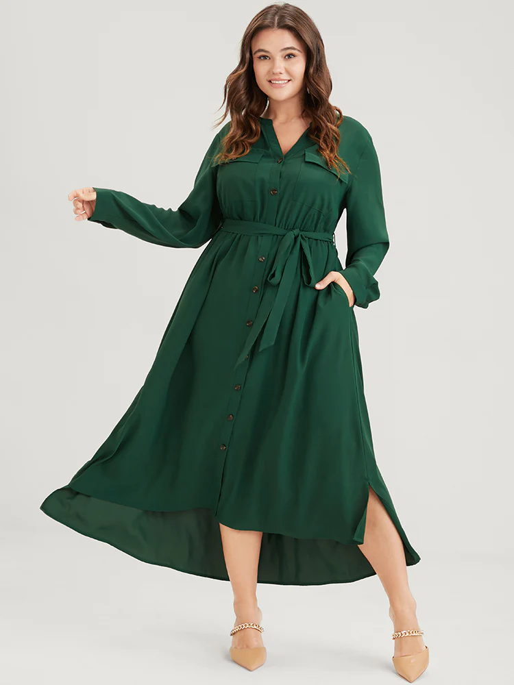 Solid V Neck Pocket Button Asymmetrical Flutter Hem Belted Dress - Image 2