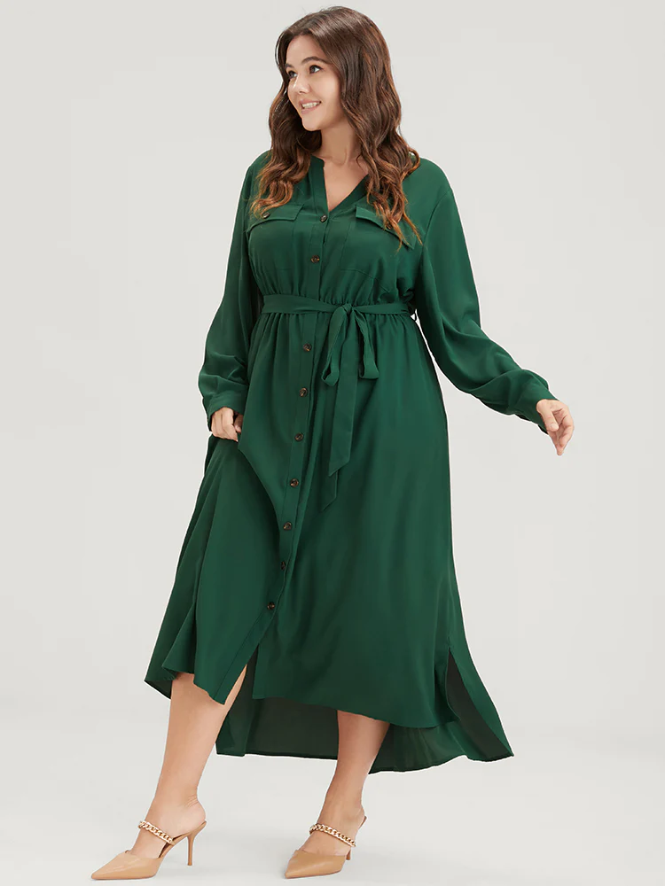 Solid V Neck Pocket Button Asymmetrical Flutter Hem Belted Dress - Image 3