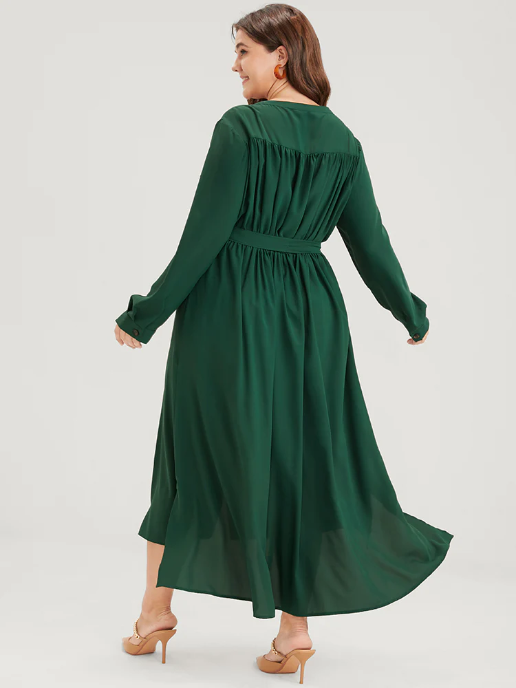 Solid V Neck Pocket Button Asymmetrical Flutter Hem Belted Dress - Image 4