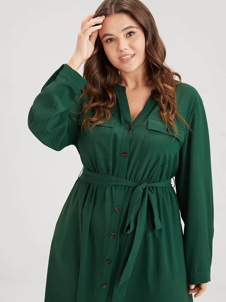 Solid V Neck Pocket Button Asymmetrical Flutter Hem Belted Dress - Image 5