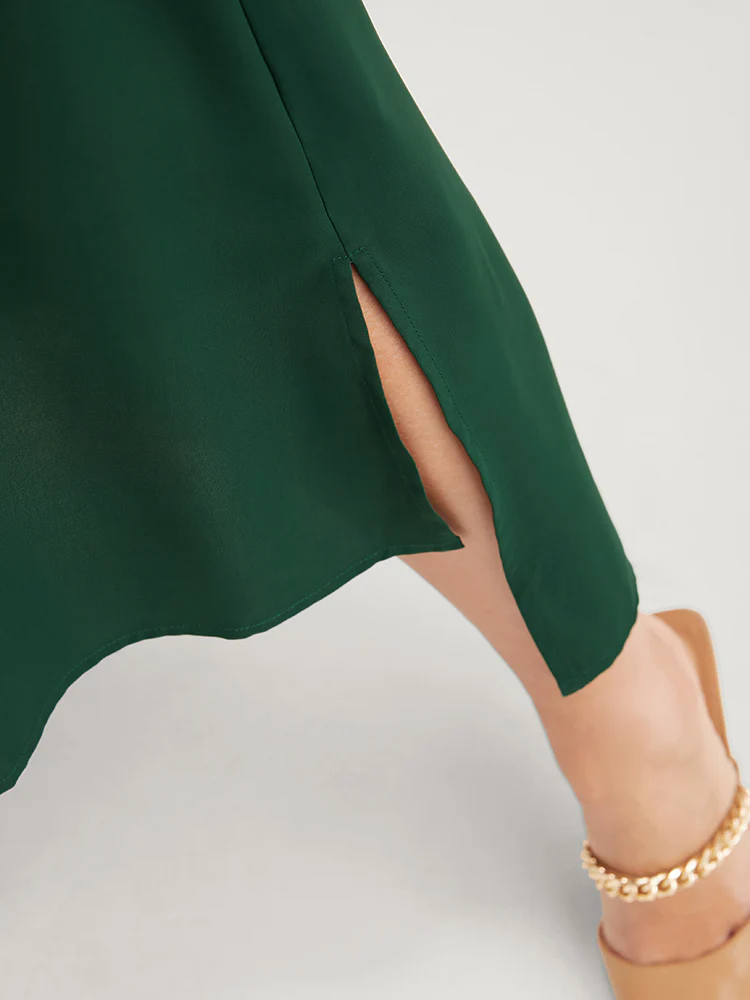 Solid V Neck Pocket Button Asymmetrical Flutter Hem Belted Dress - Image 7