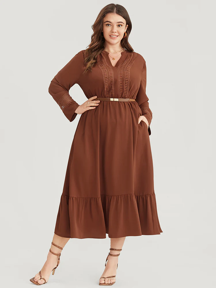 Solid V Neck Pocket Contrast Lace Ruffle Hem Dress - Image 4