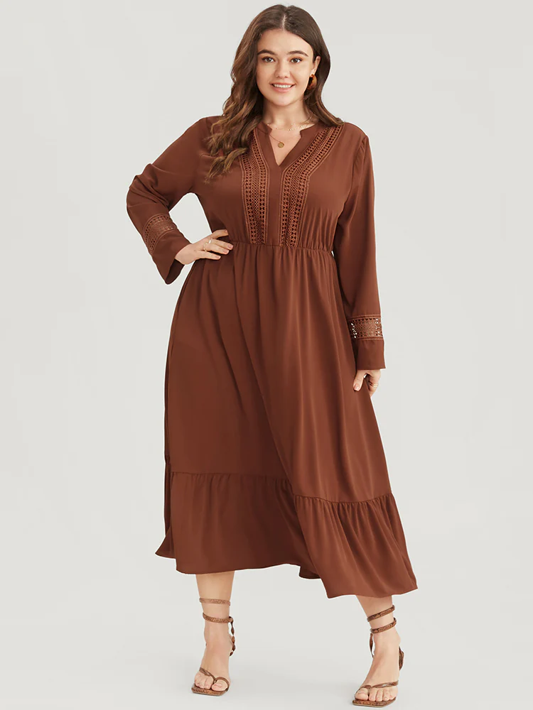 Solid V Neck Pocket Contrast Lace Ruffle Hem Dress - Image 5