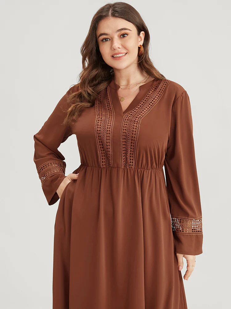 Solid V Neck Pocket Contrast Lace Ruffle Hem Dress - Image 6