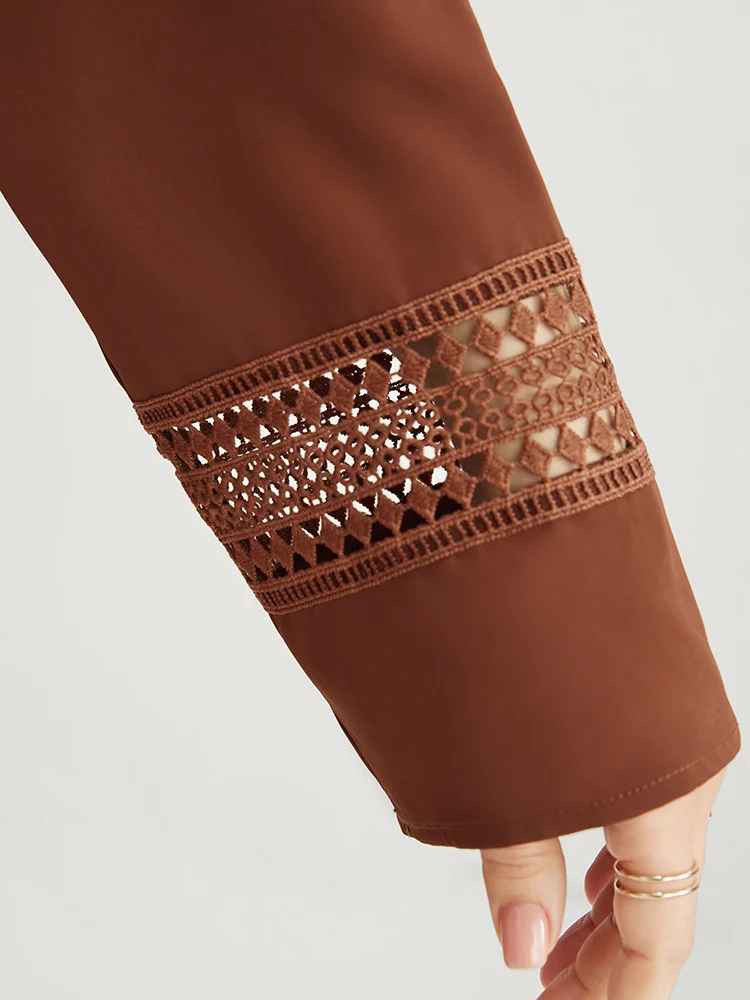 Solid V Neck Pocket Contrast Lace Ruffle Hem Dress - Image 8