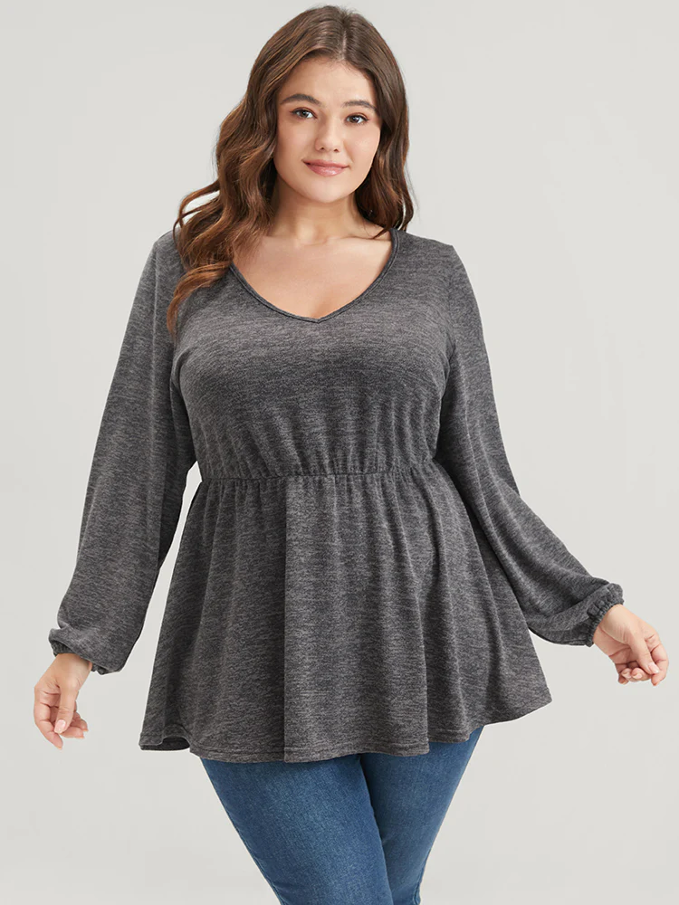 Solid V Neck Ruffle Lantern Sleeve Long Tee - Image 2