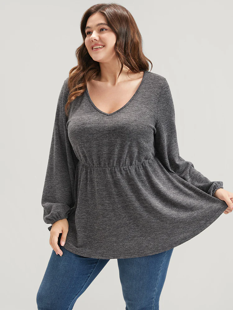 Solid V Neck Ruffle Lantern Sleeve Long Tee - Image 3