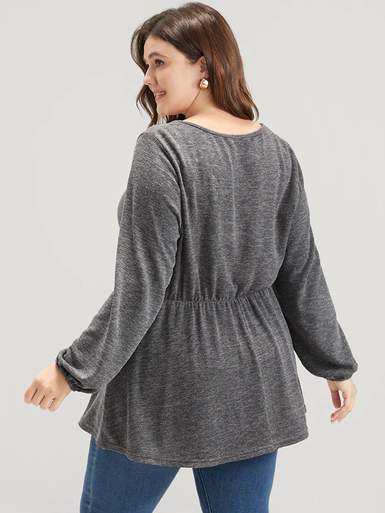 Solid V Neck Ruffle Lantern Sleeve Long Tee - Image 4
