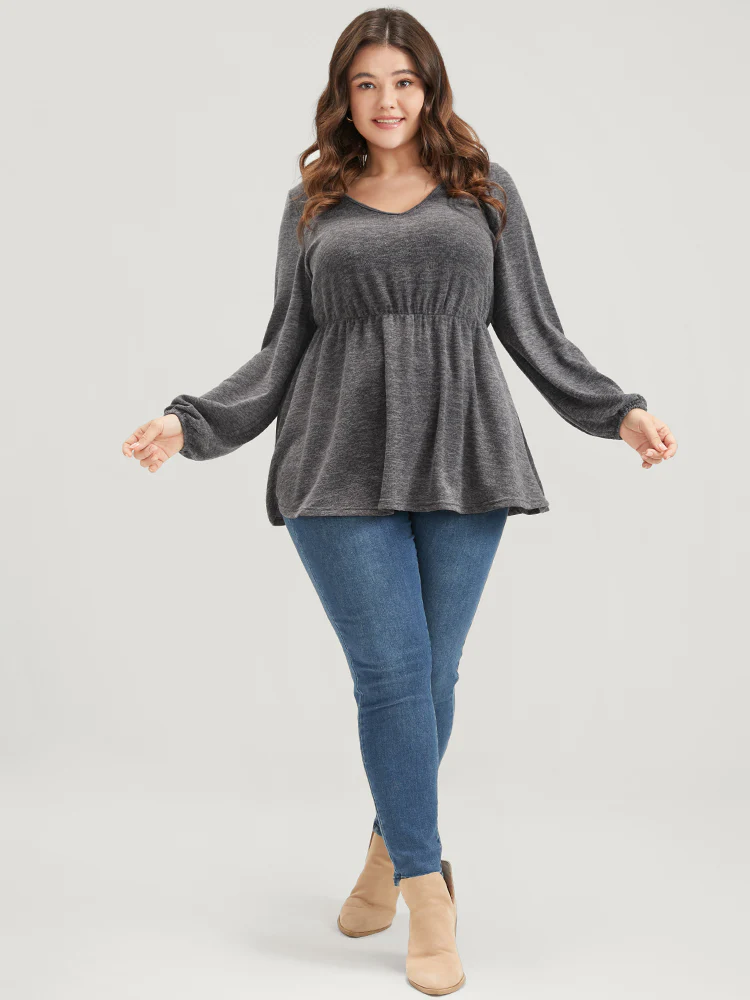 Solid V Neck Ruffle Lantern Sleeve Long Tee - Image 5