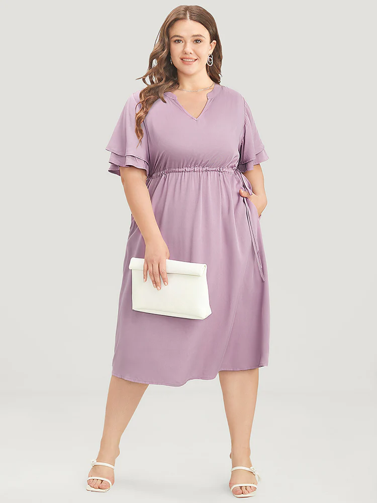 Solid V Neck Ruffle Tiered Sleeve Pocket Drawstring Dress