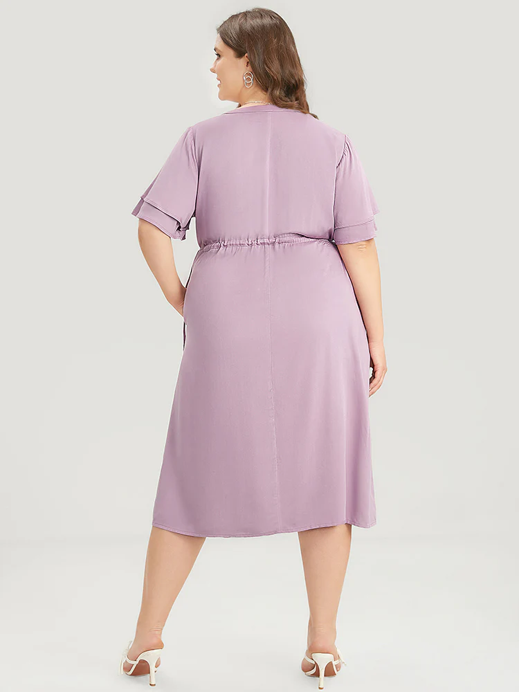 Solid V Neck Ruffle Tiered Sleeve Pocket Drawstring Dress - Image 10