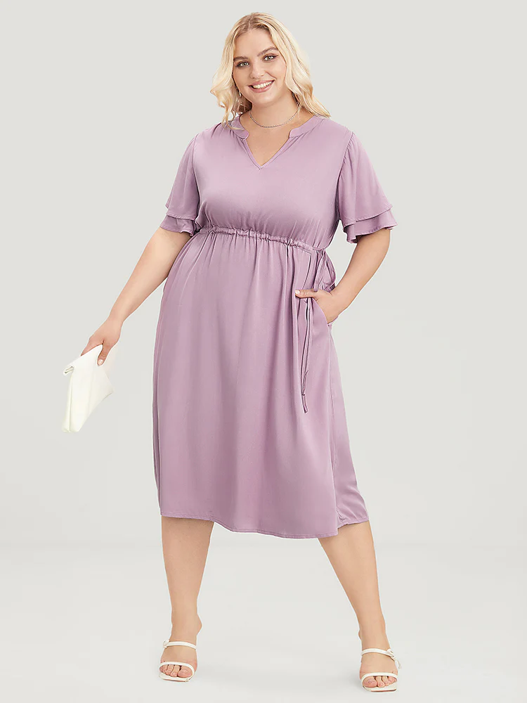Solid V Neck Ruffle Tiered Sleeve Pocket Drawstring Dress - Image 2