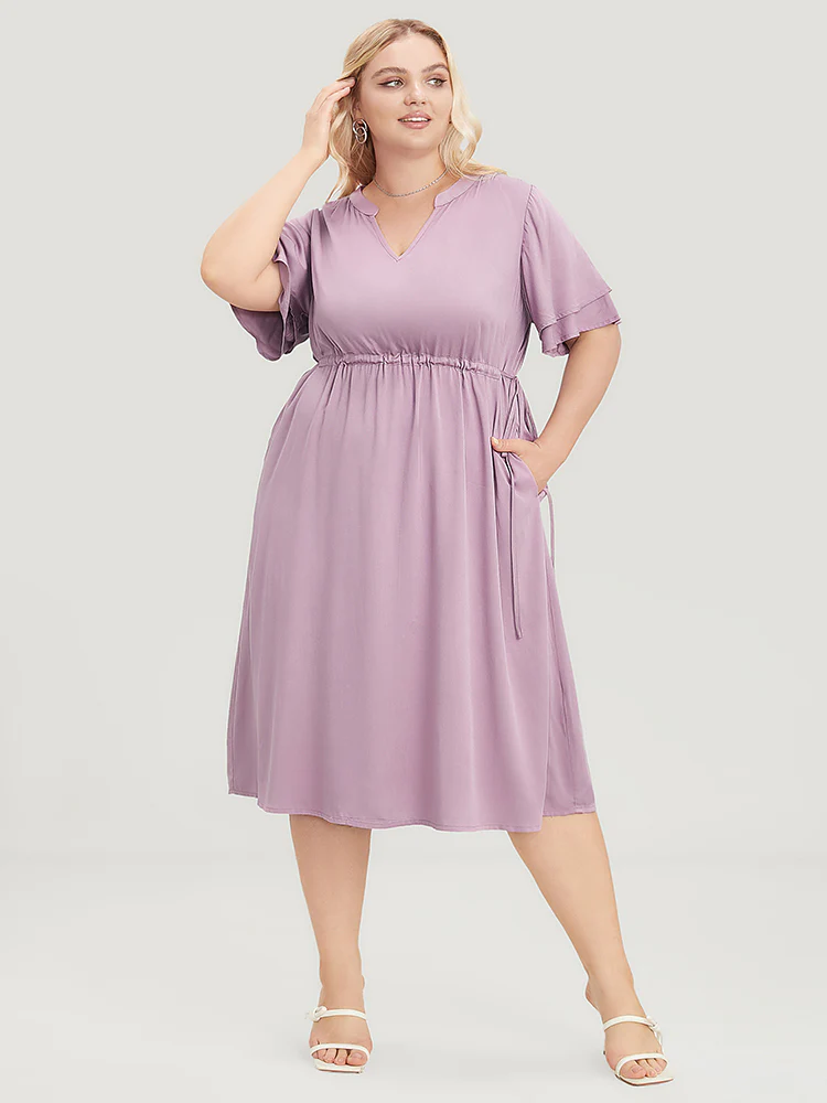 Solid V Neck Ruffle Tiered Sleeve Pocket Drawstring Dress - Image 3
