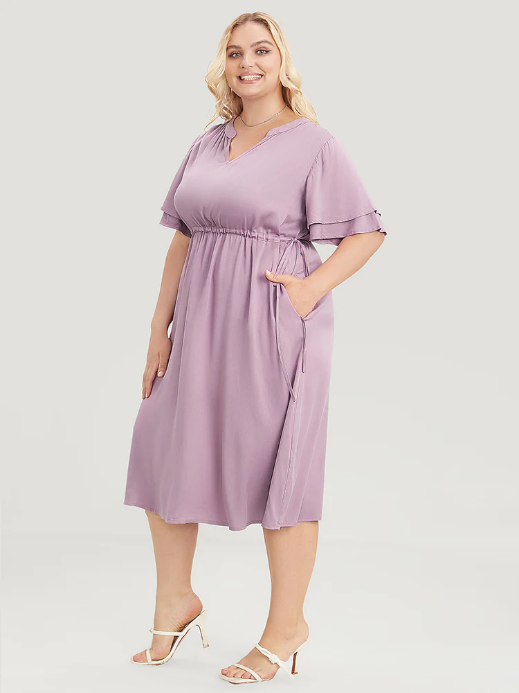 Solid V Neck Ruffle Tiered Sleeve Pocket Drawstring Dress - Image 4