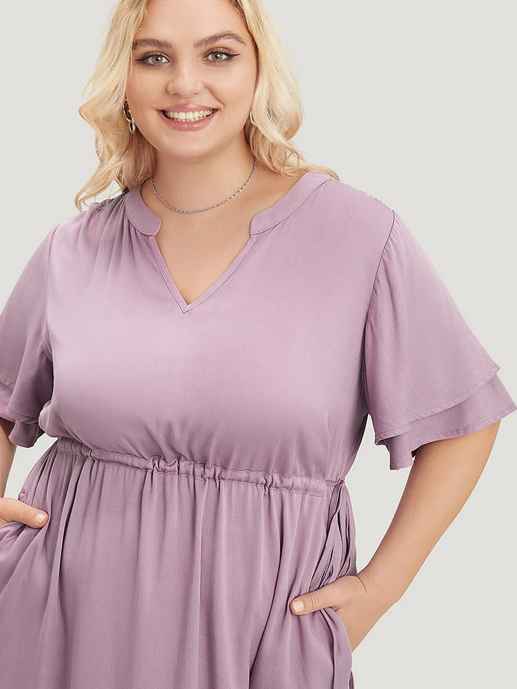 Solid V Neck Ruffle Tiered Sleeve Pocket Drawstring Dress - Image 5