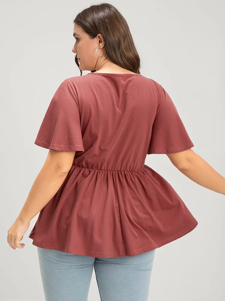 Solid  V Neck Ruffles Elastic Waist Lace Up T-shirt - Image 2