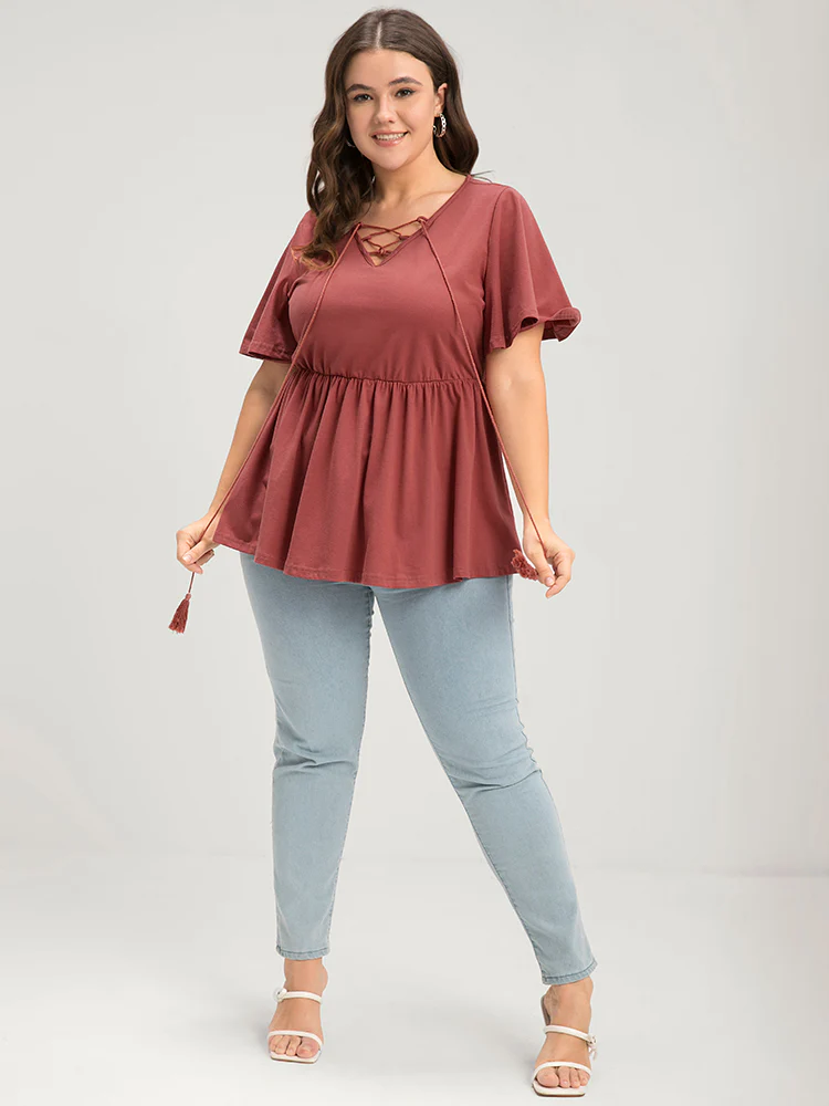 Solid  V Neck Ruffles Elastic Waist Lace Up T-shirt - Image 3