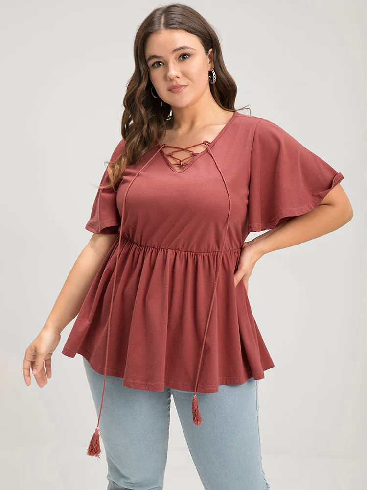 Solid  V Neck Ruffles Elastic Waist Lace Up T-shirt - Image 4