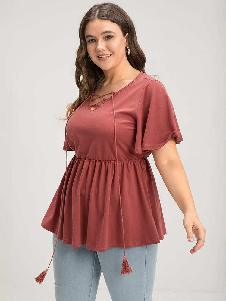 Solid  V Neck Ruffles Elastic Waist Lace Up T-shirt - Image 5