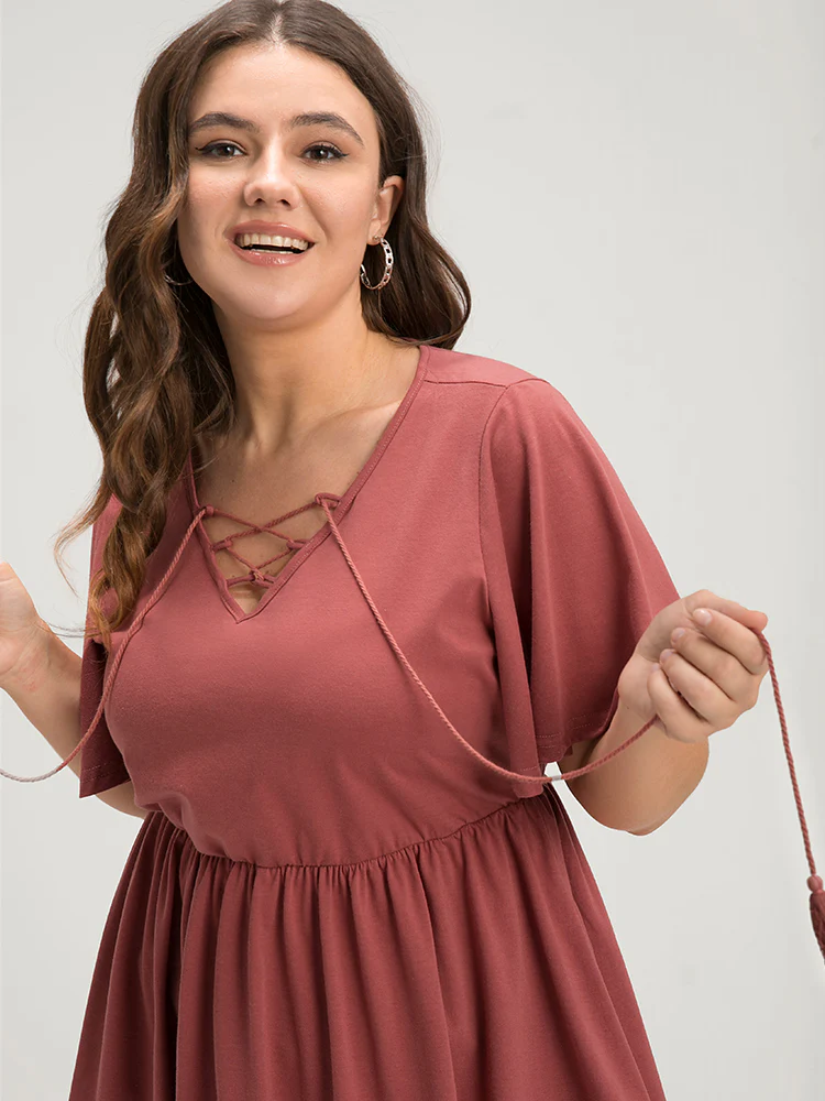 Solid  V Neck Ruffles Elastic Waist Lace Up T-shirt - Image 6
