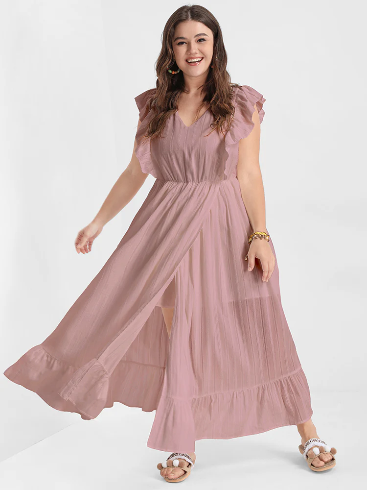 Solid V Neck Ruffles Split Pocket Maxi Dress - Image 2