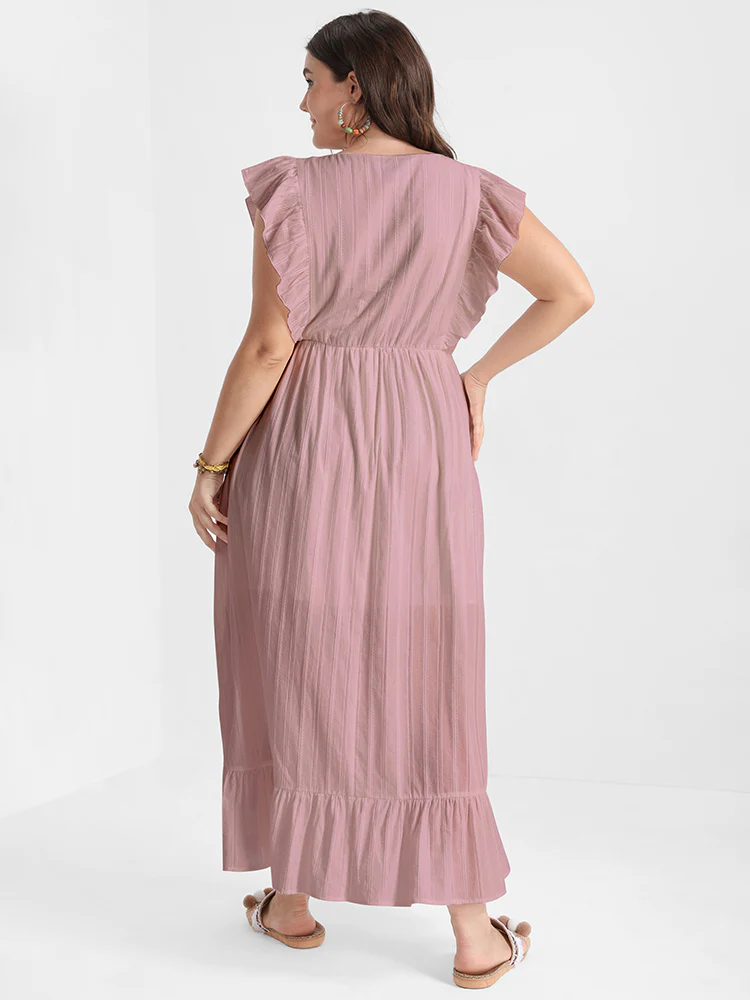 Solid V Neck Ruffles Split Pocket Maxi Dress - Image 3