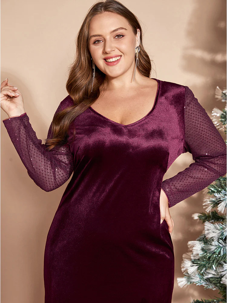 Solid V Neck Sequin Velvet Dress Without Belt - Image 5