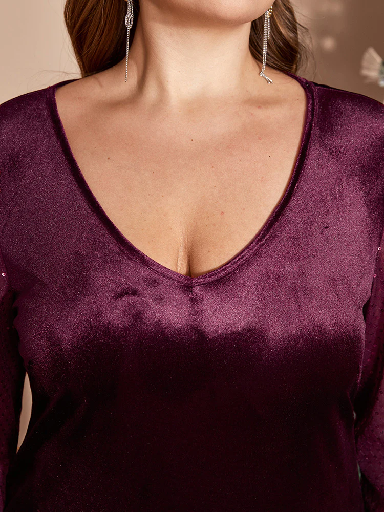 Solid V Neck Sequin Velvet Dress Without Belt - Image 6