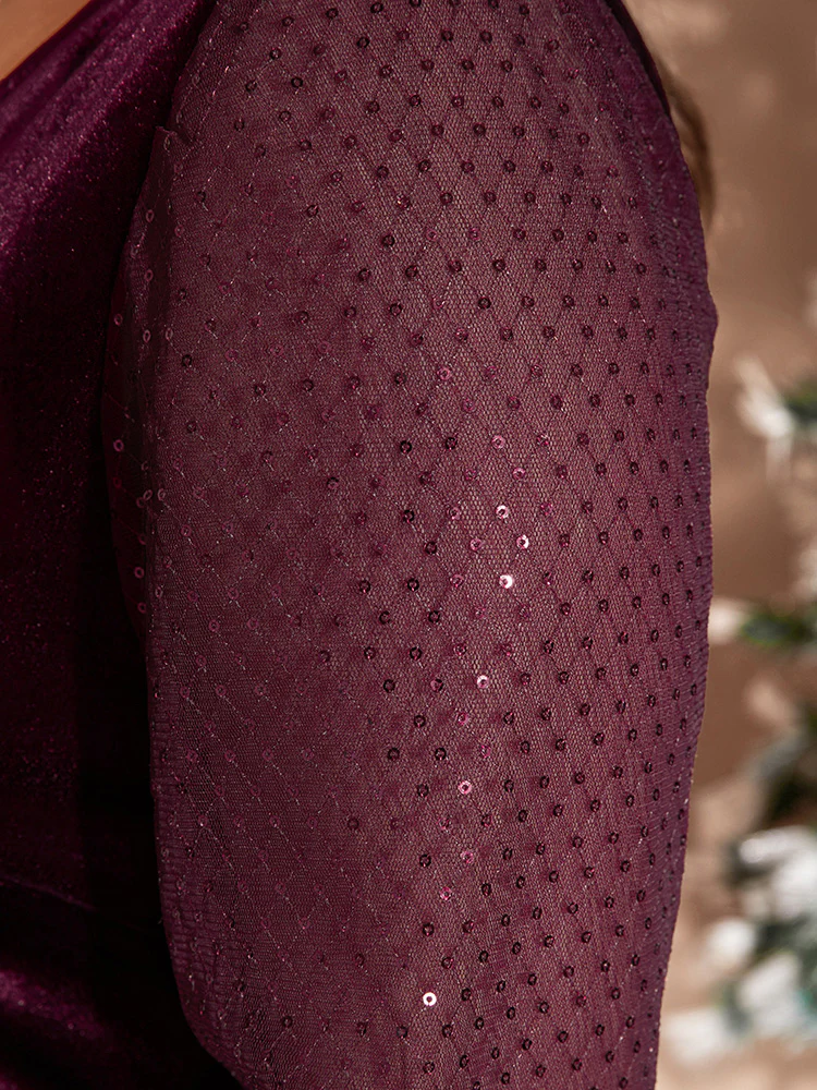 Solid V Neck Sequin Velvet Dress Without Belt - Image 7