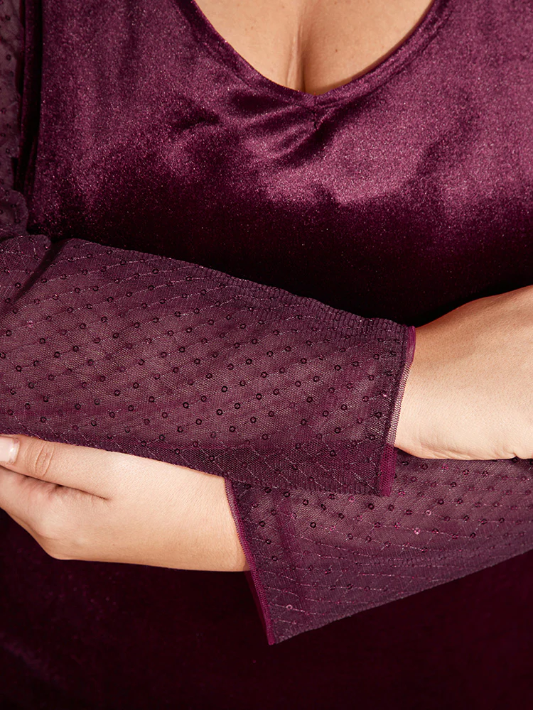 Solid V Neck Sequin Velvet Dress Without Belt - Image 8