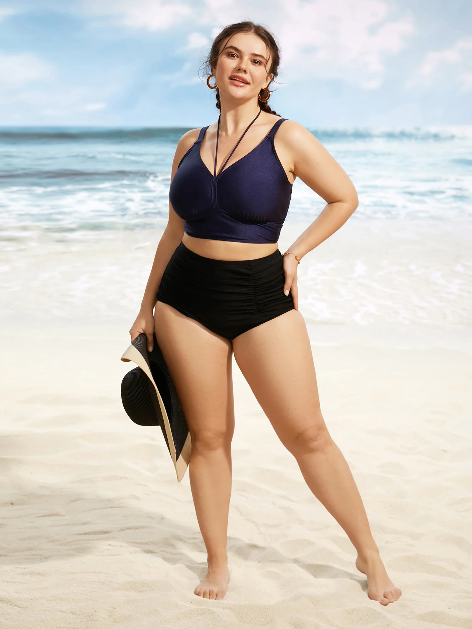 Solid V Neck Tie Knot Adjustable Straps Swim Top - Image 4