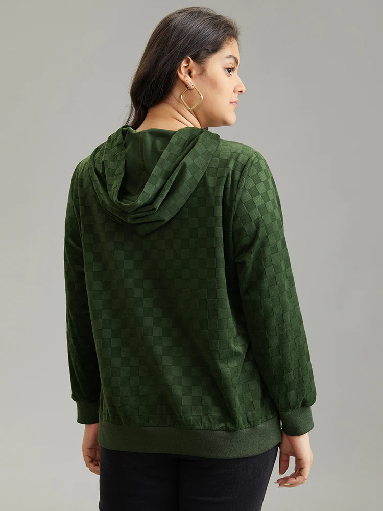 Solid Velvet Checkered Hooded Pocket Sweatshirt - Image 2
