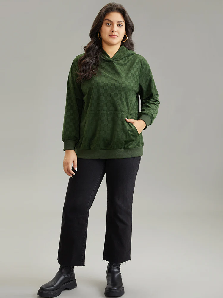 Solid Velvet Checkered Hooded Pocket Sweatshirt - Image 3