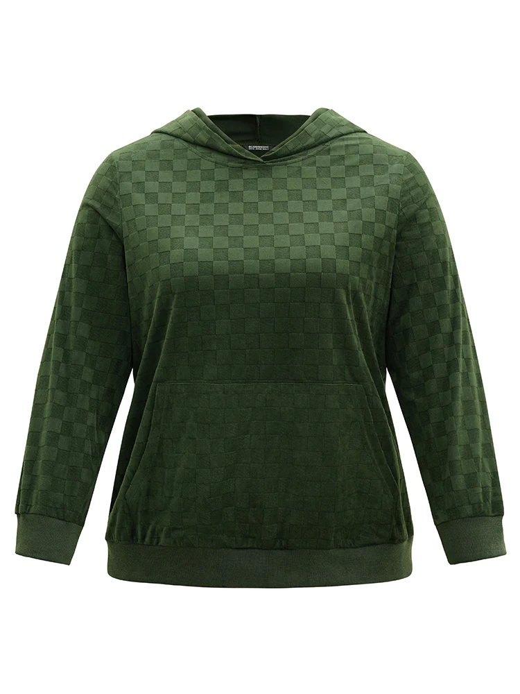 Solid Velvet Checkered Hooded Pocket Sweatshirt - Image 5