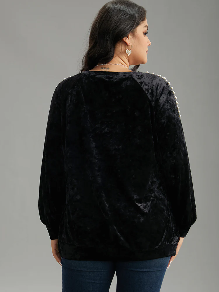 Solid Velvet Pearl Beaded Raglan Sleeve Sweatshirt - Image 2