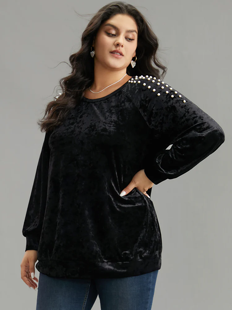 Solid Velvet Pearl Beaded Raglan Sleeve Sweatshirt - Image 3