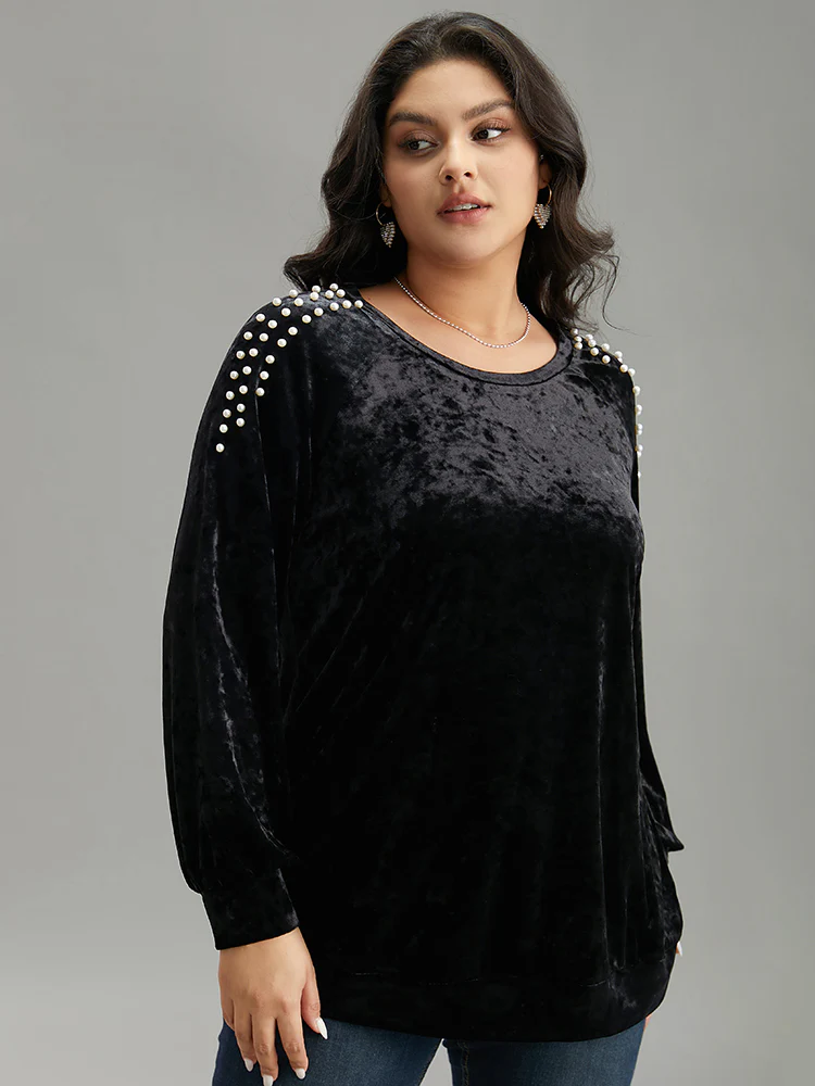 Solid Velvet Pearl Beaded Raglan Sleeve Sweatshirt - Image 4