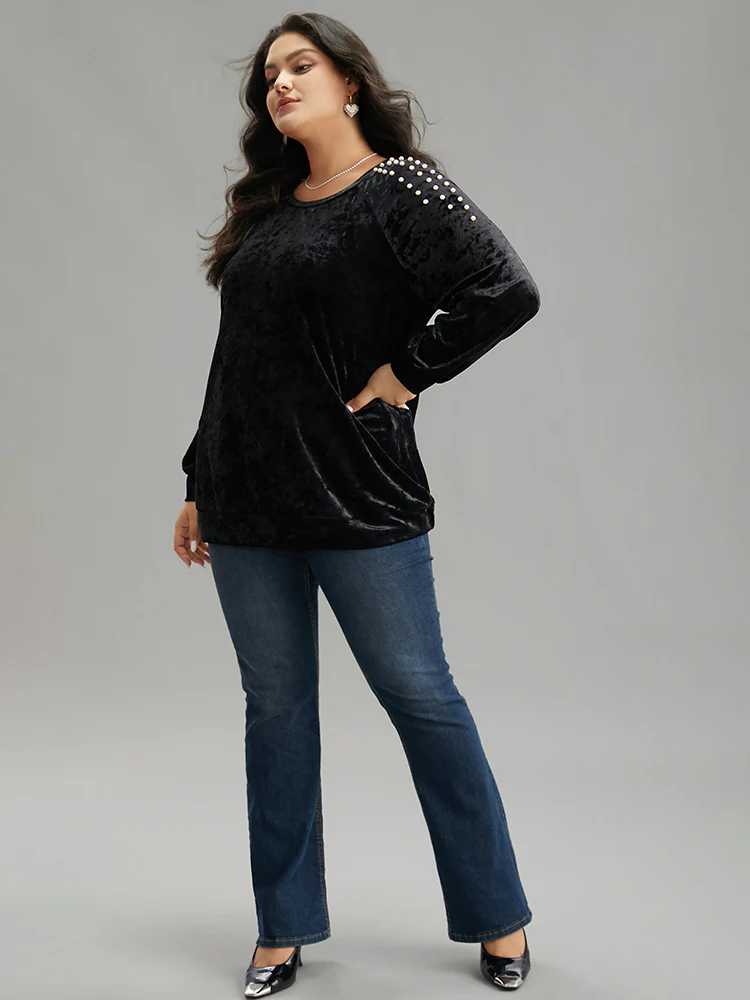 Solid Velvet Pearl Beaded Raglan Sleeve Sweatshirt - Image 5