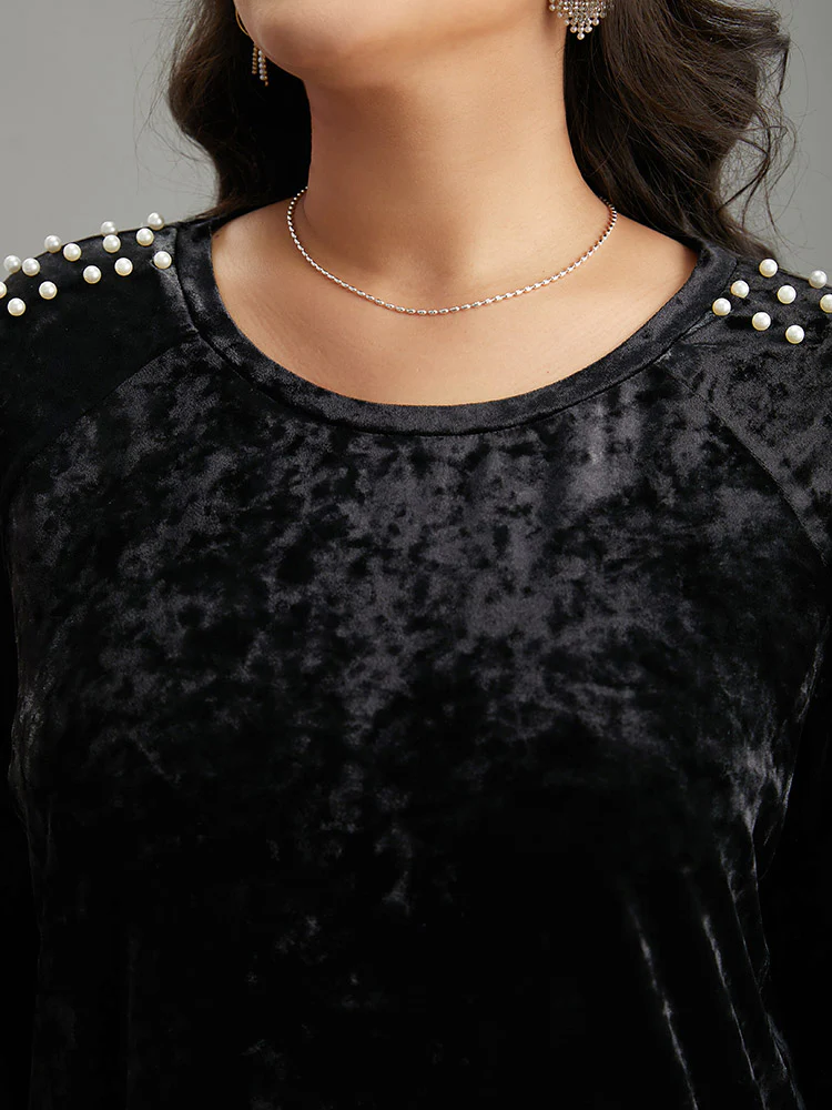Solid Velvet Pearl Beaded Raglan Sleeve Sweatshirt - Image 6