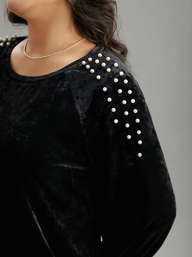 Solid Velvet Pearl Beaded Raglan Sleeve Sweatshirt - Image 7
