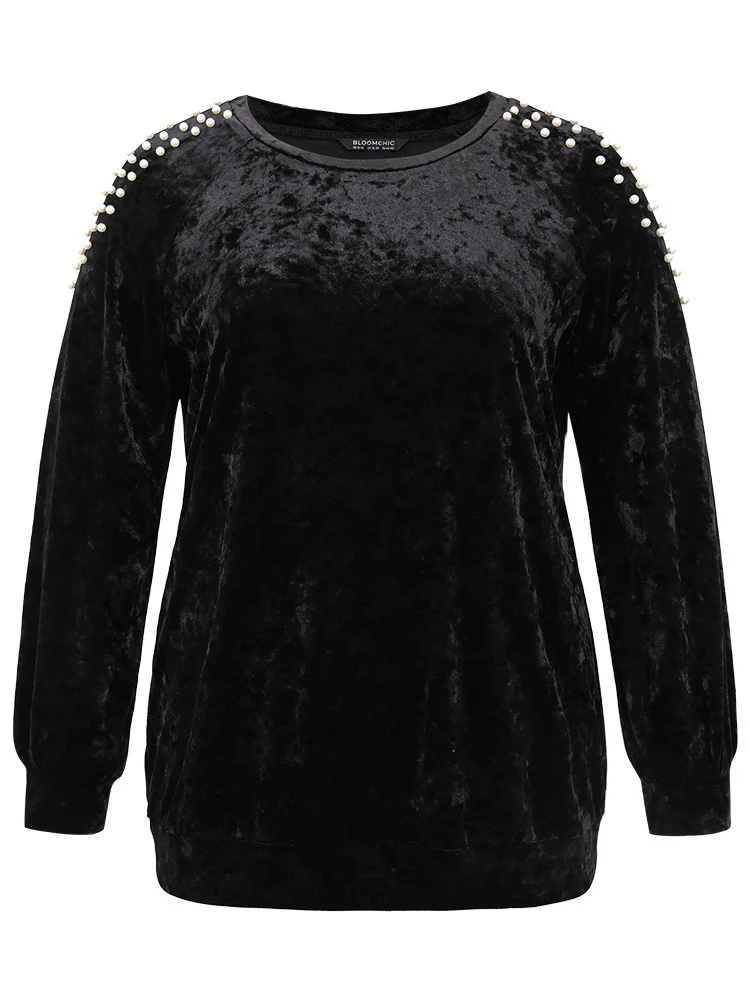 Solid Velvet Pearl Beaded Raglan Sleeve Sweatshirt - Image 8