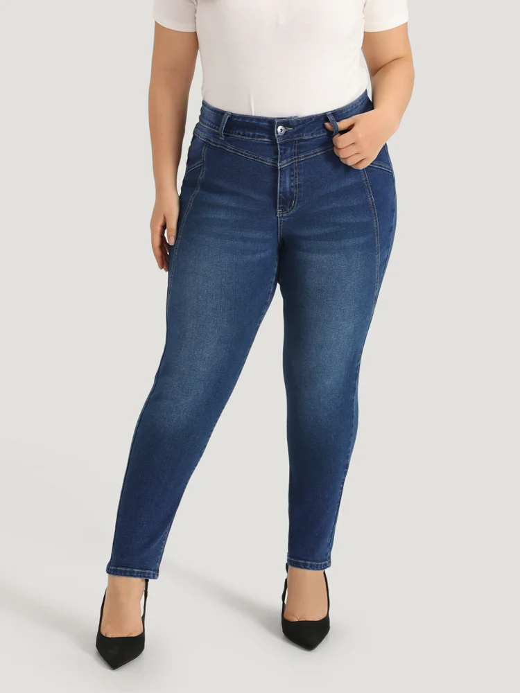 Solid Very Stretchy Patchwork High Rise Jeans - Image 2