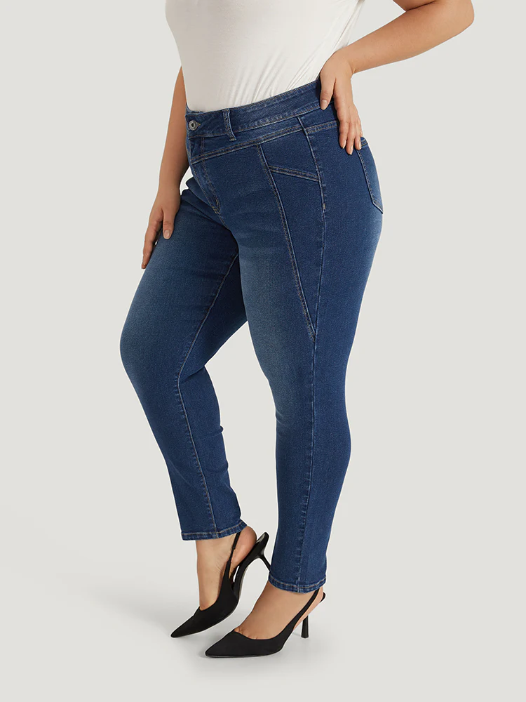 Solid Very Stretchy Patchwork High Rise Jeans - Image 3