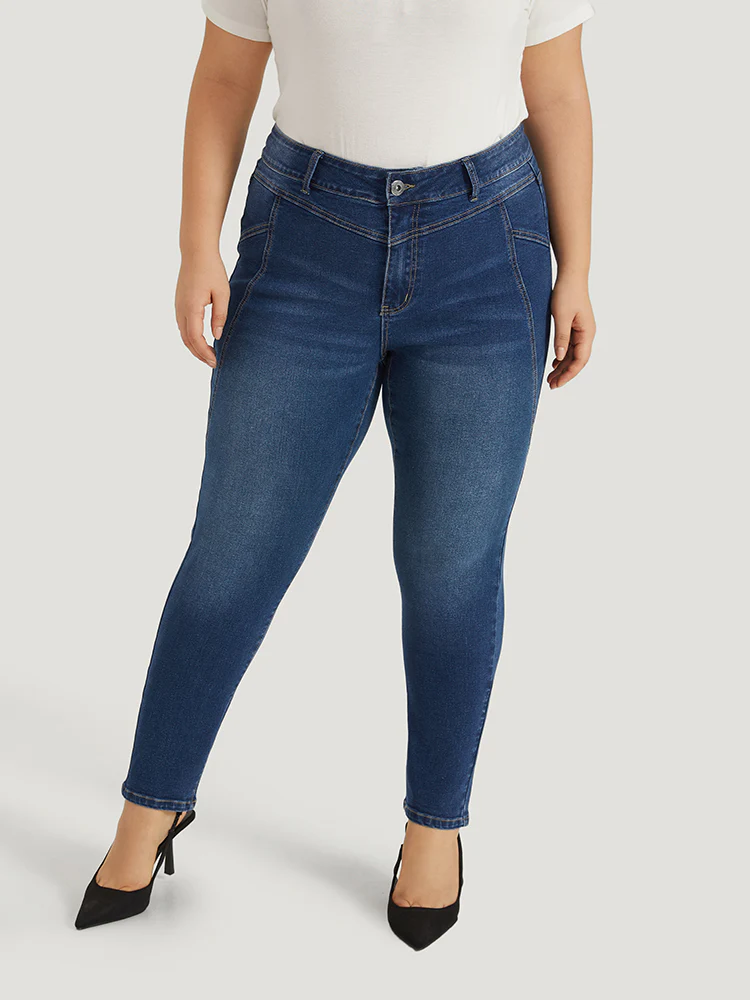 Solid Very Stretchy Patchwork High Rise Jeans - Image 4