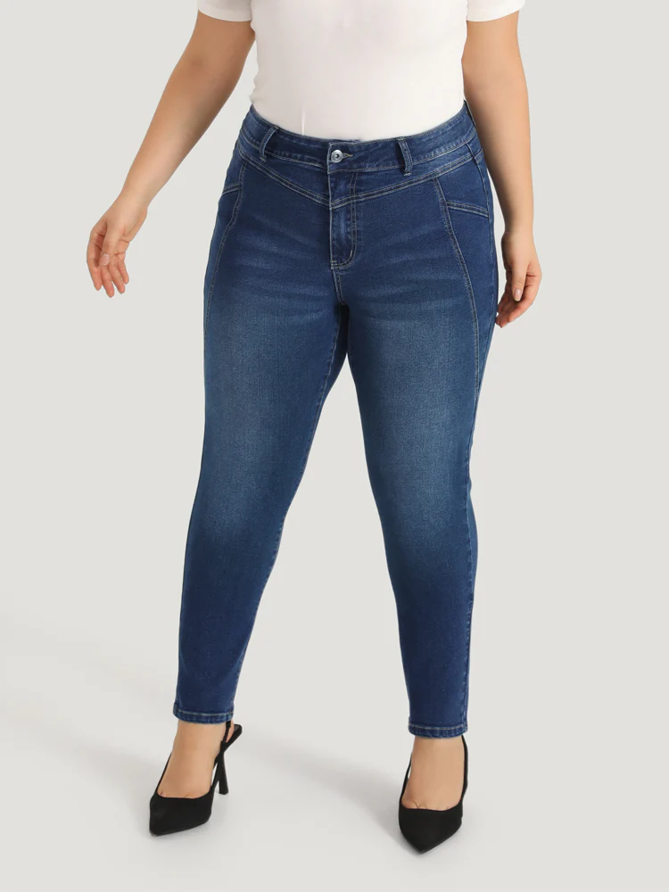 Solid Very Stretchy Patchwork High Rise Jeans - Image 5